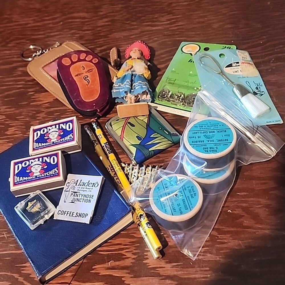 VintageJunk Drawer Lot book matches pin pencil medical more !
